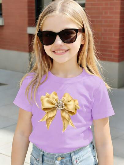 Casual Butterfly Print Short Sleeve T-Shirt For Girls, Purple, Comfortable Daily Wear, Suitable For Spring, Summer, Autumn, Winter, 4Y-7Y