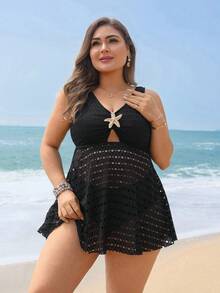 Swim Lushoire Plus Size Women's Perforated Special Fabric Starfish Metal Accent Swimsuit Dress - Black - View 3