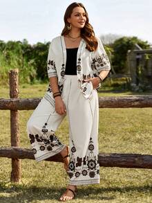 EMERY ROSE 2pc Set Plus Size Women's White Summer Boho Flowy Vacation Holiday Floral Print Shirt Top And Wide Leg Pants With Pockets,Country Concert Outfit - Multicolor - View 5