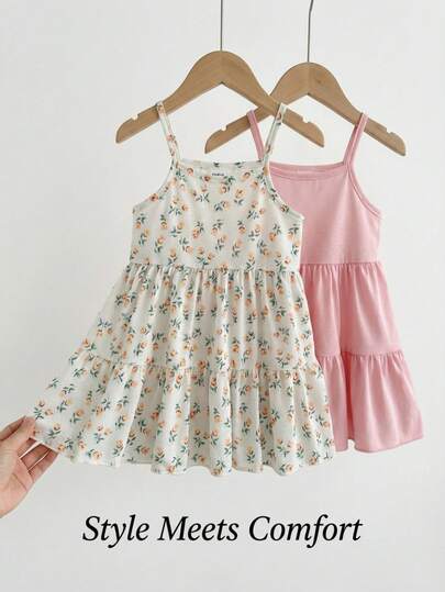 SHEIN 2pcs/Set Baby Girls' Versatile Solid Pink Dress & Yellow Ditsy Floral Dress, Soft & Comfortable, Summer
