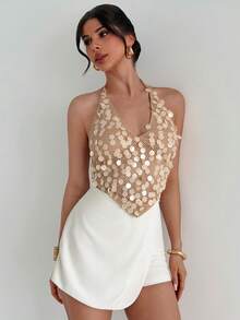 Firerie 女士优雅精致浪漫海滩度假音乐节派对生日婚礼宾客V领不规则下摆系带露背亮片卡其色上衣，春夏款 - 卡其色 - 查看 4