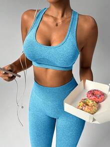 Slayform Women's Solid Color Cropped Tank Top And Leggings Sports Set - Blue - View 5