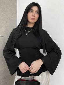 Hitanina Siren Gaze Women's Solid Color Round Neck Long Sleeve Cinched Waist Pleated Hem Casual T-Shirt Black,Black Top - Black - View 6