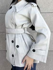 Hitanina 女士时尚优雅双排扣束带风衣法式风衣女装风衣秋冬女装风衣 - 灰色 - 查看 3