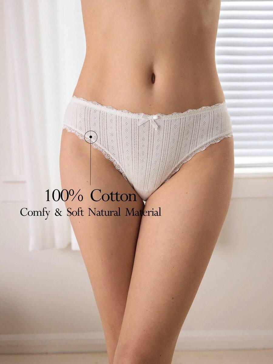 Ocili Quần lót nữ bằng vải cotton dệt kim jacquard, thoải mái, phối ren và nơ trang trí. - trắng - Xem 1