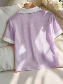 Franclia Áo sơ mi nữ thanh lịch màu hồng nhạt chất liệu chiffon nhăn, cổ trắng, tay ngắn, dáng rộng. - Màu tím - Xem 2