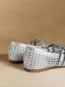 Rosivie Zapatos de mujer con punta cuadrada pequeña, suela plana, plateados, tejidos a mano, cómodos, transpirables, con correa elástica, de moda y versátiles, zapatos planos tipo Mary Jane para vacaciones y salidas de mujer - Plata trenzada - Ver 4