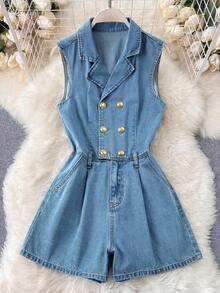 Bộ jumpsuit denim không tay dáng suông hai hàng cúc có thắt lưng dành cho nữ - Màu xanh lam - Xem 3