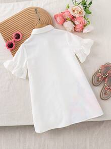 SHEIN Young Girl Woven White Shirt Dress,Summer Fairy Matching Family Vacation Cute Girl Pattern Casual Cotton Blouses For Kids,Solid Color Short Sleeve - White - View 2