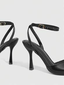 CUCCOO SZL Sandalias de tacón alto y puntiagudas con tiras en el tobillo y punta abierta, de color negro, de estilo minimalista, elegantes y sexys para uso diario y fiestas - Negro - Ver 6