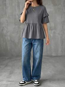 FRIFUL Camiseta de mujer de cuello redondo, holgada, de unicolor, de manga corta, con mangas acampanadas multicapa y bajo con volantes, de corte holgado para el verano - Gris - Ver 3