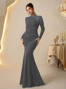 Coutiva Elegant Rhinestone Embellished Fish Tail Hem High-End Formal Gown, Luxury Elegant Socialite Dress - Grey - View 5