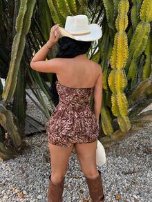 SHEIN SXY Animal Print Ruffle Hem Bandeau Romper - Multicolor - View 2