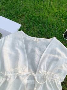 Young Girl Knitted Solid Color Off-Shoulder Loose Casual Cloak - White - View 5