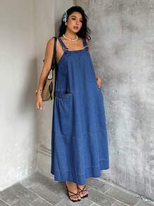 Sunnyshic Đầm liền quần denim mùa hè cỡ lớn kiểu dáng thường ngày - màu đen - Xem 6