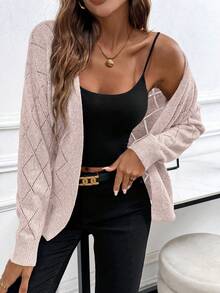 EMERY ROSE Casual Comfortable Hollow Diamond Pattern Cardigan For Women - Dusty Pink - View 3