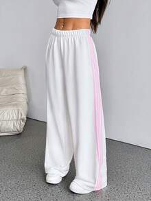 SHEIN PETITE Women's White Striped Knitted Sweatpants Extra Long Straight Leg Pink Side Stripe Loose Fit Casual Track Pants For Everyday Wear White Beach Pants White Wide Leg Pants Women Wide Pants Wide Leg Summer Pants Pants Women White Track Pants Women - White - View 5