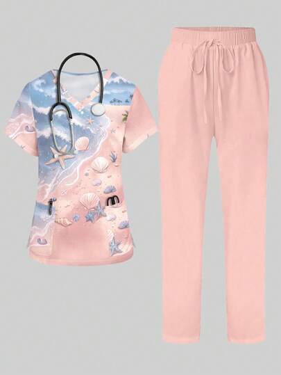 PopScrub Pink Beach & Seascape Cartoon Print V-Neck Short Sleeve Pocket Ear Loop Split Design 2-Piece Set For Women, Spring/Summer Nurse Uniform, Casual Outfit, Uniform Set