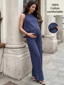 MaterniWear 孕妇条纹无袖上衣搭配可调节腰围阔腿裤休闲套装 - 藏蓝色 - 查看 4