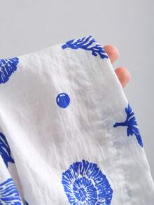 SHEIN Sweetro Quần ống rộng dáng suông màu nâu in hình vỏ sò và sao biển, thoải mái, đa năng dành cho nữ, thích hợp cho mùa xuân/hè, trang phục đi nghỉ mát, trang phục đi biển cho nữ, quần in hình sao biển, quần áo in hình vỏ sò. - Xanh và trắng - Xem 8