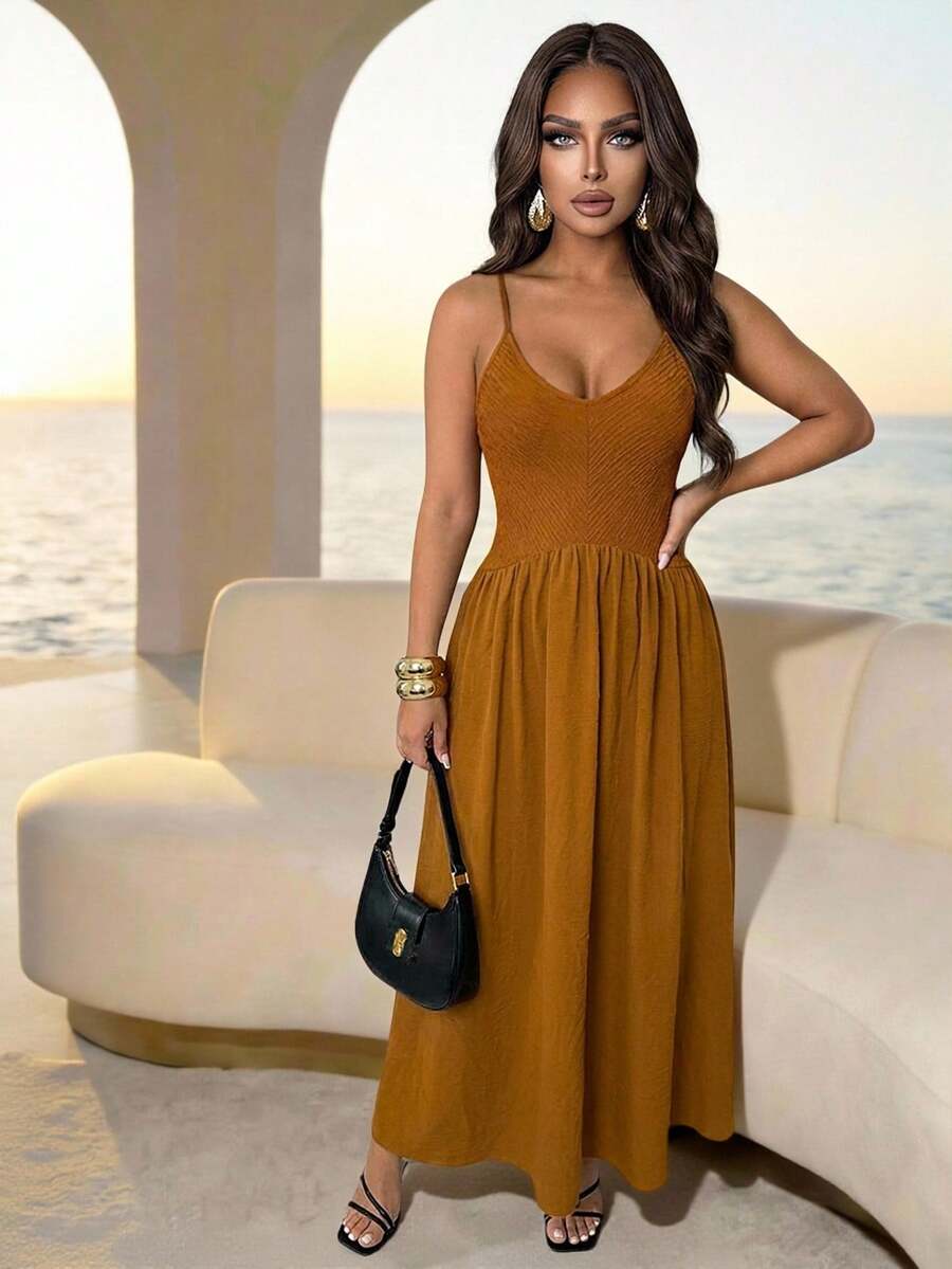 Slaydiva 早春新款、春夏音乐节、情人节、复活节、波西米亚风、游牧风、休闲简约风、邮轮派对、生日派对、日常约会、休闲度假、优雅通勤、露背、深V领、修身A字裙、质感、针织面料、梭织面料、橙红色连衣裙、女士长裙 -A - 鏽棕色 - 查看 1