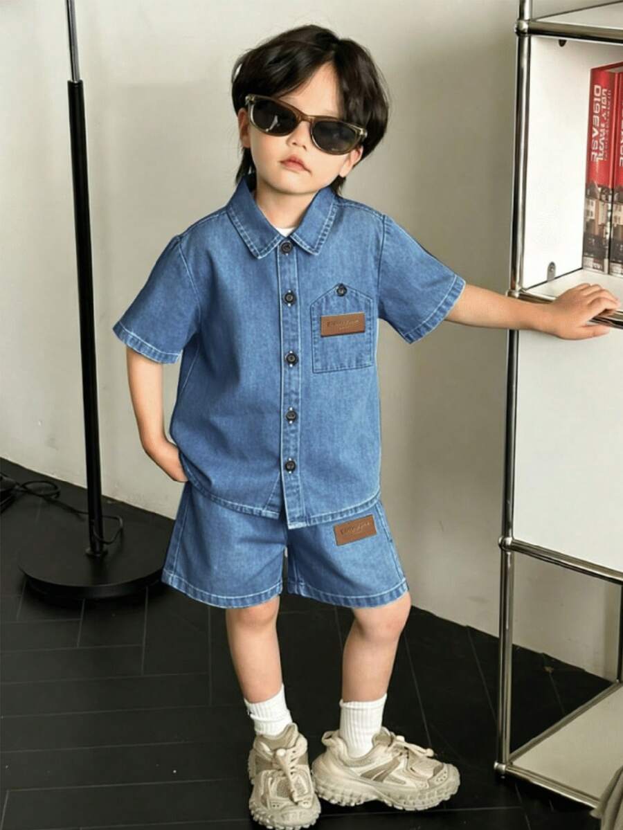 SHEIN Genkimix Kids 男童渐变水洗牛仔短袖上衣和渐变短裤两件套,适合日常穿着、上学、度假、旅行、休闲、日光浴、夏季等场合。 - 藍色 - 查看 1