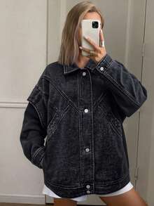 Livesso Women's Casual Denim Jacket With Turndown Collar And Ruffle Trim, Suitable For Spring, Autumn And Winter - Dark Wash - View 3