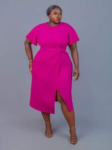CurvyTilda Plus Size Solid Color Round Neck Short Sleeve Twist Summer Dress - Red Violet - View 1