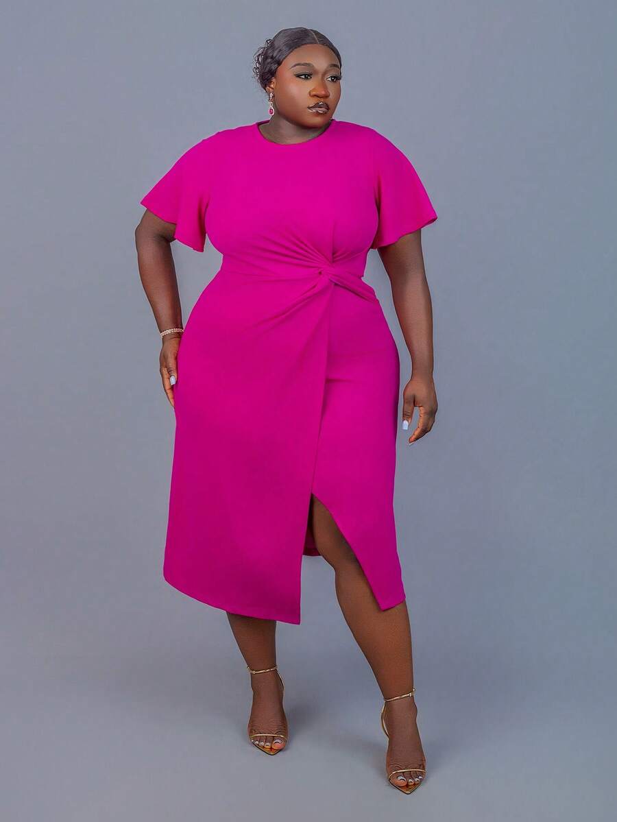 CurvyTilda Plus Size Solid Color Round Neck Short Sleeve Twist Summer Dress - Red Violet - View 1