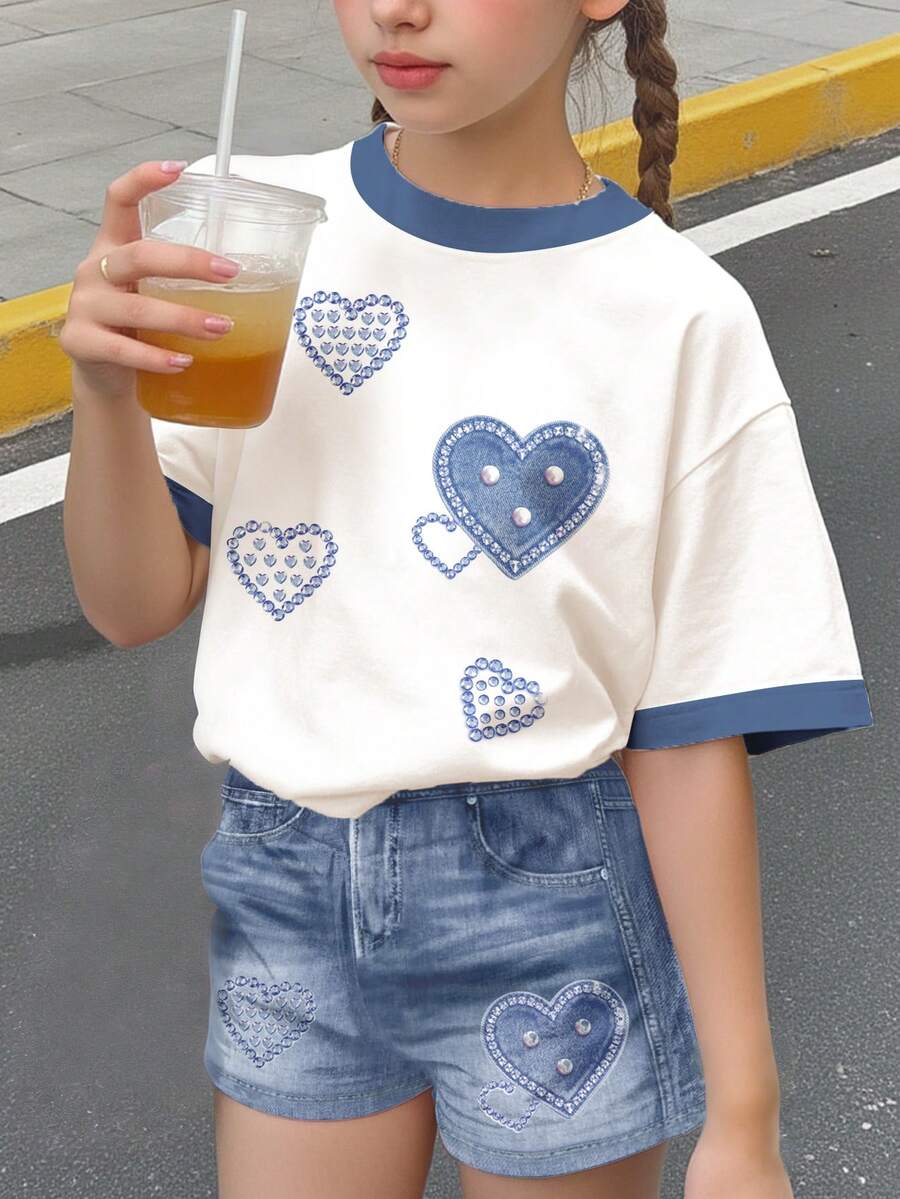复古铆钉仿牛仔布爱心图案少女休闲圆领短袖T恤短裤两件套，适合春夏日常穿着、居家、上学——春夏服装，女童套装，时尚童装，休闲装，儿童图案服装，春夏时尚，春夏服装 - 彩色 - 查看 1