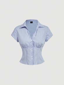 SHEIN MOD Striped Short Sleeve Shirt With Collar - Blue - View 1