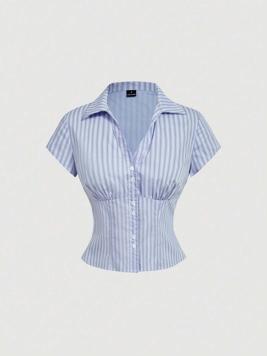 SHEIN MOD Striped Short Sleeve Shirt With Collar - Blue - View 1