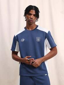SUMWON Men Color Block Crew Neck Short Sleeve T-Shirt And Matching Athletic Shorts Two Piece Coord Set With Contrast Side Panels - Blue - View 3