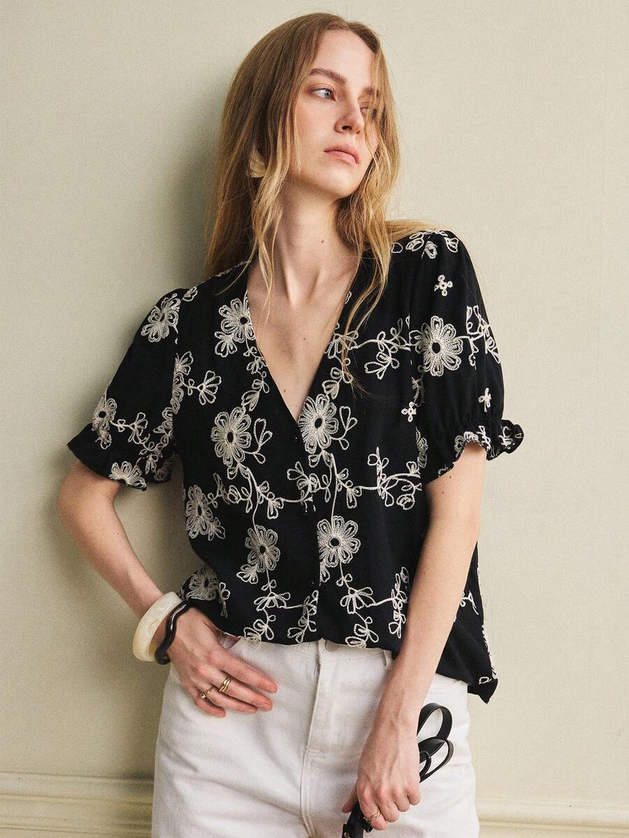 Écloséra Nueva blusa de mujer con escote en V y manga corta bordada, para primavera/verano - Multicolor - Ver 1