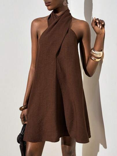 Zivah New Summer Casual Vacation Features A Loose-Fitting Cross-Neck Backless A-Line Silhouette Brown Linen Women Mini Dress, Suitable For Everyday Wear, Commuter,Vacations, Travel, Nomadic Style, Western Vibes, Beach, Brunch, Airport Outfits, Dates, Shopping, Afternoon Tea, Party-A