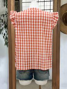 Linhara Blusa de cuello en V con pliegues y mangas cortas, a cuadros, para mujer de talla grande, de verano - Naranja - Ver 2