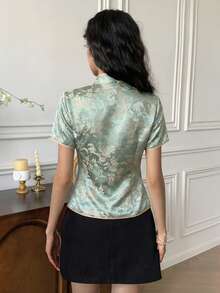 EastFlair 女士短袖上衣，提花圆盘纽扣设计，中国风 - 綠色 - 查看 6
