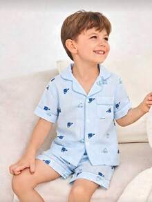 Young Boys Pajamas Set Summer Family Matching Button Front Short Sleeve Collar Shirt Short Pants Cartoon Car Blue White Striped Loungewear All Season - Blue and White - View 3