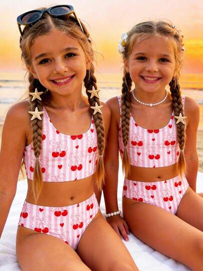 SHEIN Young Girls Vintage Cute Sweet Pink Striped Bow Tie Cherry Print Pattern Swimwear, Ins Style Casual Minimalist Camisole And Triangle Bikini Swimsuit Set, Suitable For Summer Beach Trip, Summer Vacation, Viral, Aesthetic Swimsuit, Pool Party, Summer Camp, Cute Summer Outfits