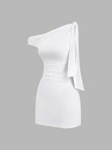 Vestido ajustado sexy con volantes en hombro oblicuo para mujer, ceñido a la cintura, ajustado, vestido mini de estilo francés chic - Blanco - Ver 4
