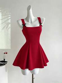 Sweetra 女士新年、万圣节、圣诞节、感恩节服装，红色连衣裙，适合派对、通勤、日常、旅行、度假 - 红色圣诞连衣裙、红色派对连衣裙、夏季连衣裙，优雅连衣裙，撞色领口、蝴蝶结装饰、不对称肩部设计、A字裙摆 - 紅色 - 查看 3