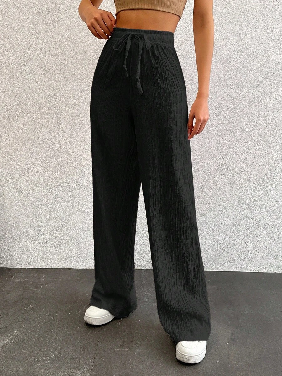 Cottnline Quần dài nữ dáng cao, màu trơn, cạp chun, có dây rút - màu đen - Xem 1