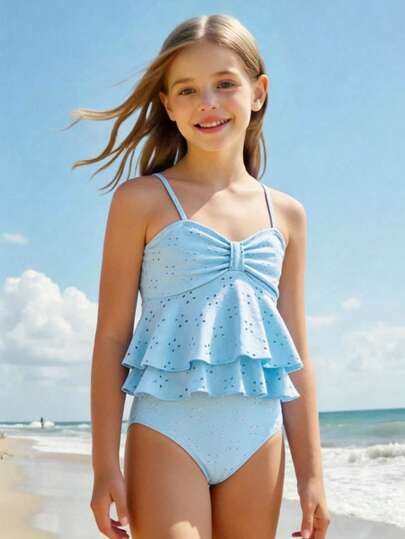 SHEIN Tween Girls' Spaghetti Strap Bikini Set, Solid Color Hollow-Out Ruffled Two Pieces Swimsuit, Fashionable Casual Elegant Suitable For Swimming, Summer Vacation, Beach, Pool, Holiday Party