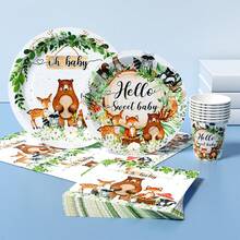 Set di piatti, tovaglioli e bicchieri monouso "Ciao dolce bambino" a tema foresta, per 8 ospiti. Questo set di forniture monouso per feste (inclusi piatti, tovaglioli e bicchieri) è perfetto per feste di compleanno, matrimoni e picnic in famiglia. - Visualizzare 3