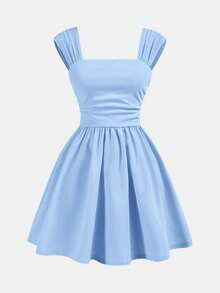 SHEIN Girlism Vestido camisero azul elegante con pliegues en los hombros y el busto, corte evasé para adolescentes - Azul - Ver 5