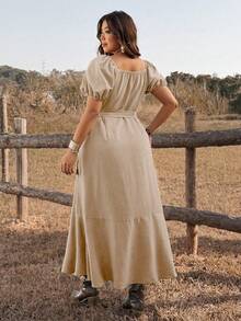 Ceyna Casual Plus Size Khaki Knee Length A Line Dress With Sweetheart Neckline Puff Sleeves And Wrap Detail - Khaki - View 2