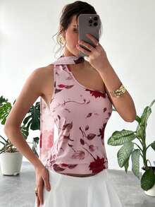 RiviMae Women's Floral Print Halter Neck Sleeveless Top With Ribbons - Dusty Pink - View 4
