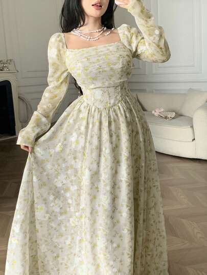 Feyla Vestido largo con cuello cuadrado y cintura ceñida con estampado floral diminuto elegante para mujer, otoño