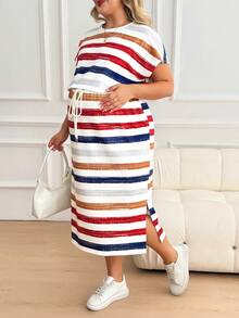 Plussiva 孕妇加大码条纹圆领短袖腰带休闲连衣裙 - 彩色 - 查看 5
