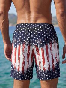 Manfinity Swimmode Men's Independence Day American Flag Print Beach Shorts,Quick Dry Drawstring Swim Trunks,Blue And White Striped Summer Tropical Vacation Bathing Suit - Blue and White - View 3